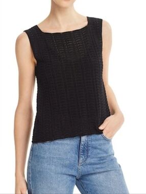 Theory black open knit scallop pointelle crochet sleeveless shell top